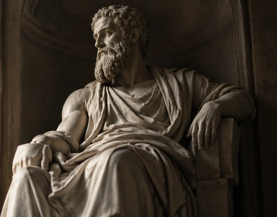 Escultura clássica de um filósofo sentado, em mármore